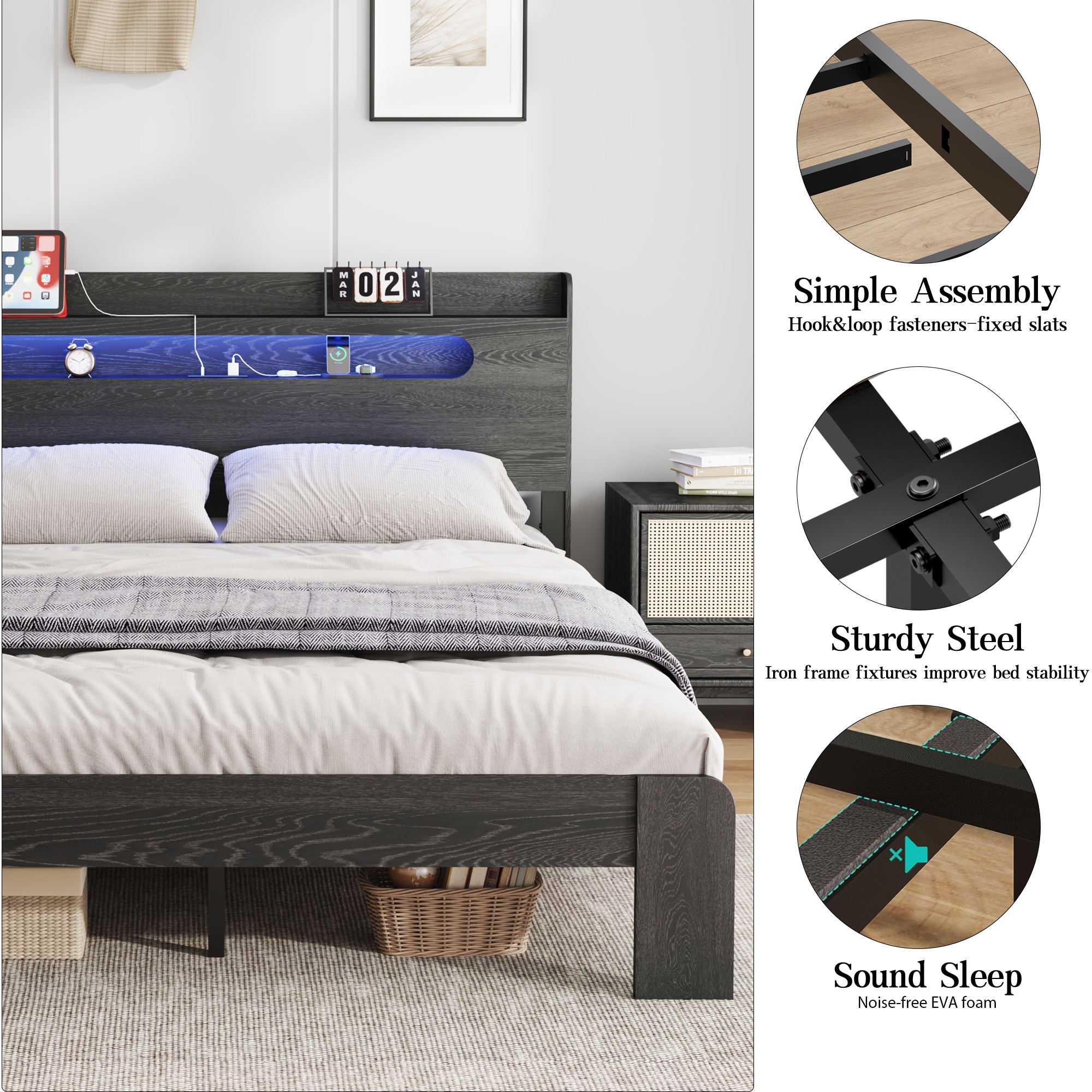 Bed Frame Full Size, Wood Platform Bed Frame With Storage LED Light Headboard And 2 USB , Noise Free,No Box Spring Needed And Easy Assembly Tool,Large Under Bed Storage,Black_voghion.com